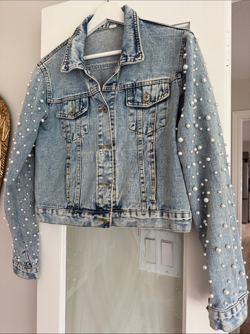 Pearl-Embellished Light Blue Denim Jacket - Women's